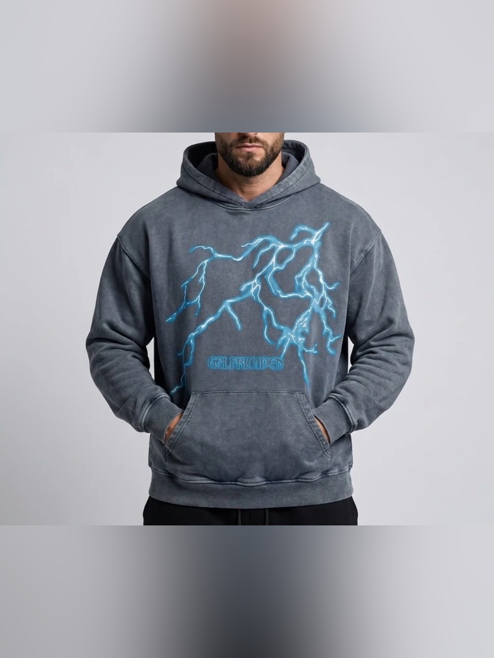 Aelfric Eden Washed Gray Hoodie with Neon Blue Lightning